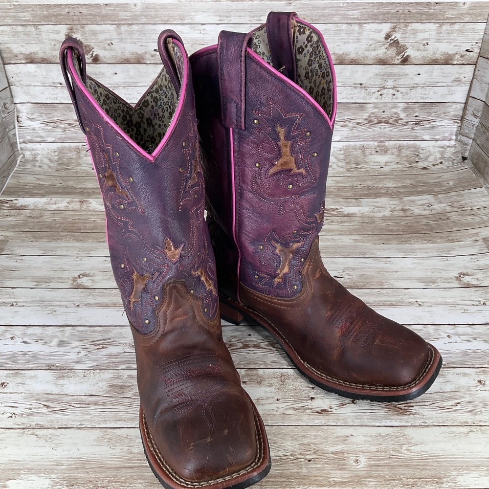 LAREDO WOMENS LOLA COWGIRL BROWN/PINK TRIM EMBROIDERED SQUARE TOE WESTERN BOOTS - Picture 10 of 11